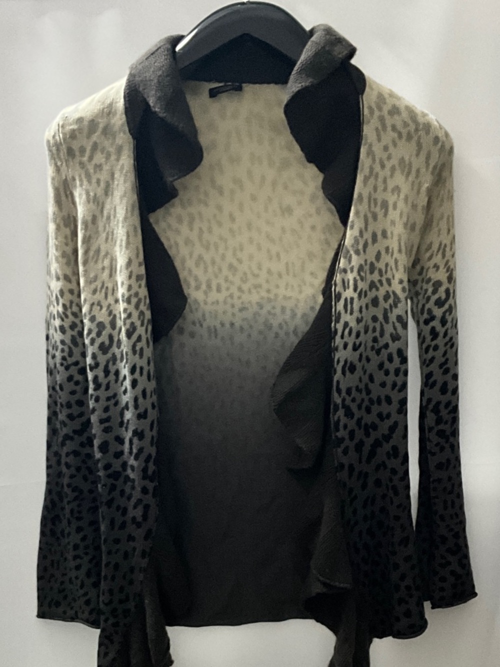 Leopard Ombre Ruffle Open Cardigan - Black & Cream